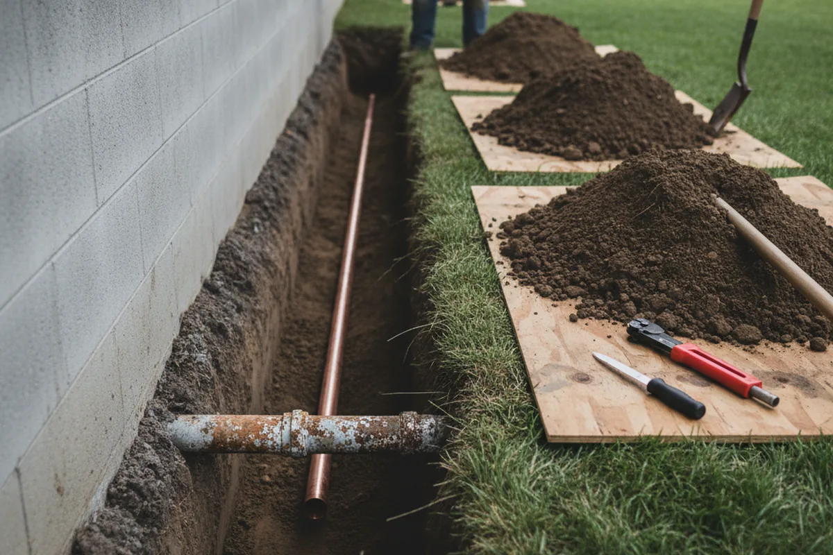 Excavated water line trench during Sewer Line Repair in Avon Park